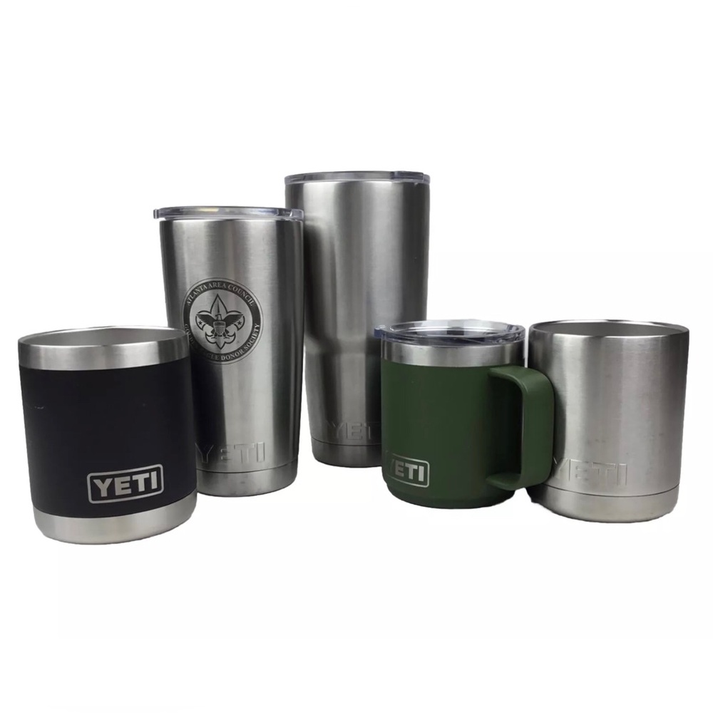YETI Lot of 5 Vacuum Insulated Steel Tumblers and Mug Plus 3 Lids